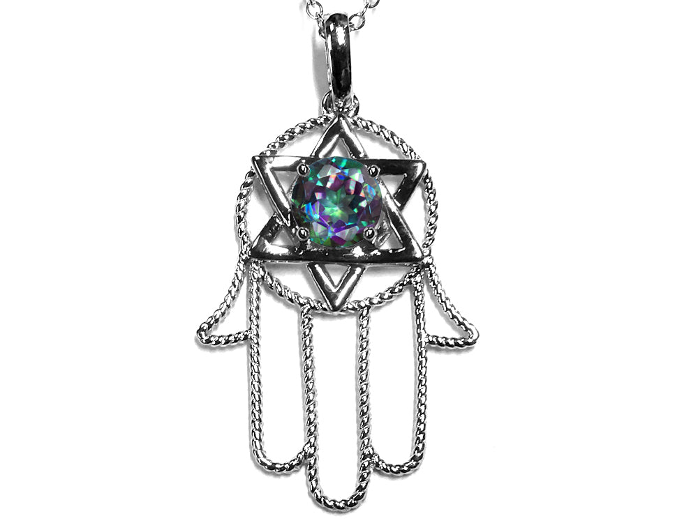 Star K Large Hamsa Hand Jewish Star of David Pendant Necklace with Rainbow Mystic Topaz