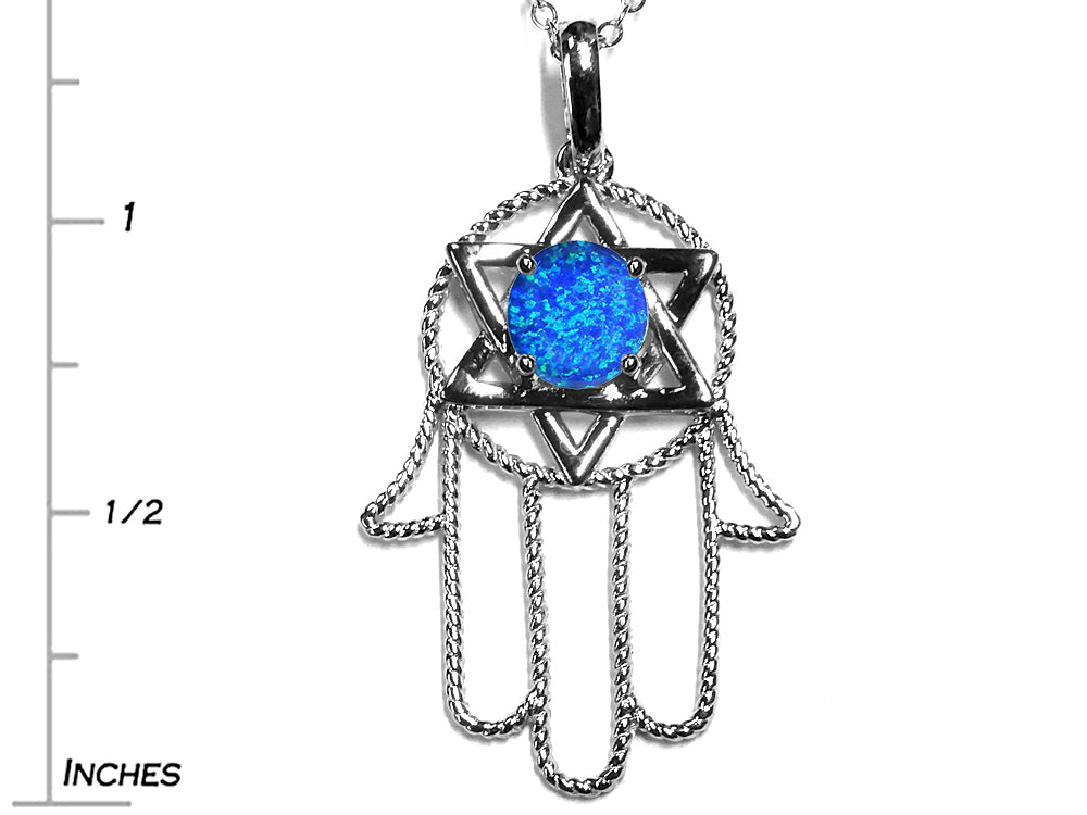 Star K Large Hamsa Hand Jewish Star of David Pendant Necklace with Blue Simulated Opal