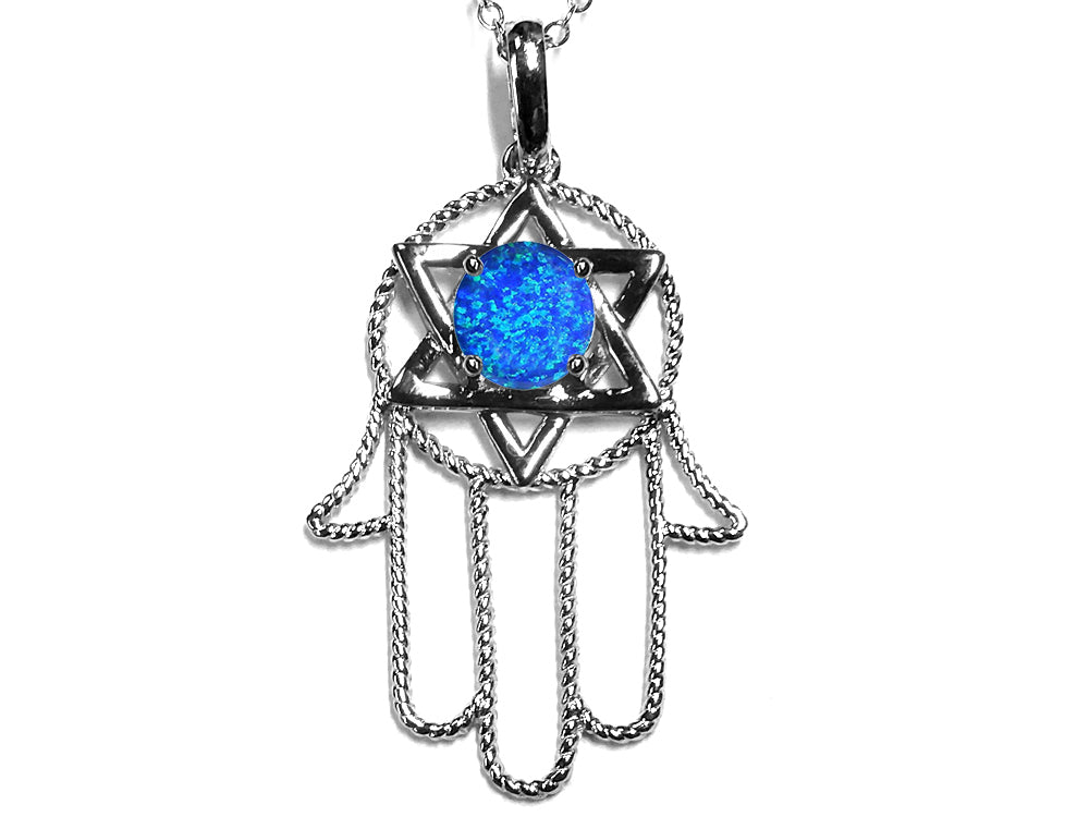 Star K Large Hamsa Hand Jewish Star of David Pendant Necklace with Blue Simulated Opal
