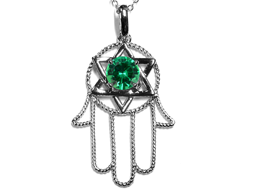 Star K Large Hamsa Hand Jewish Star of David Pendant Necklace with Simulated Emerald