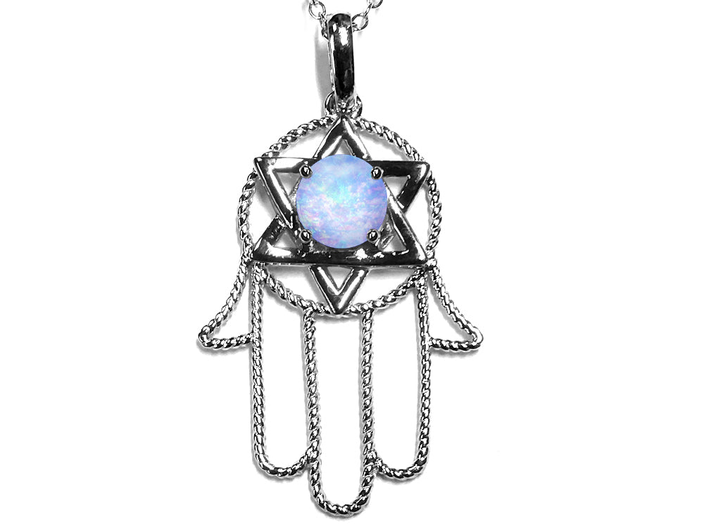 Star K Large Hamsa Hand Jewish Star of David Pendant Necklace with Simulated Opal