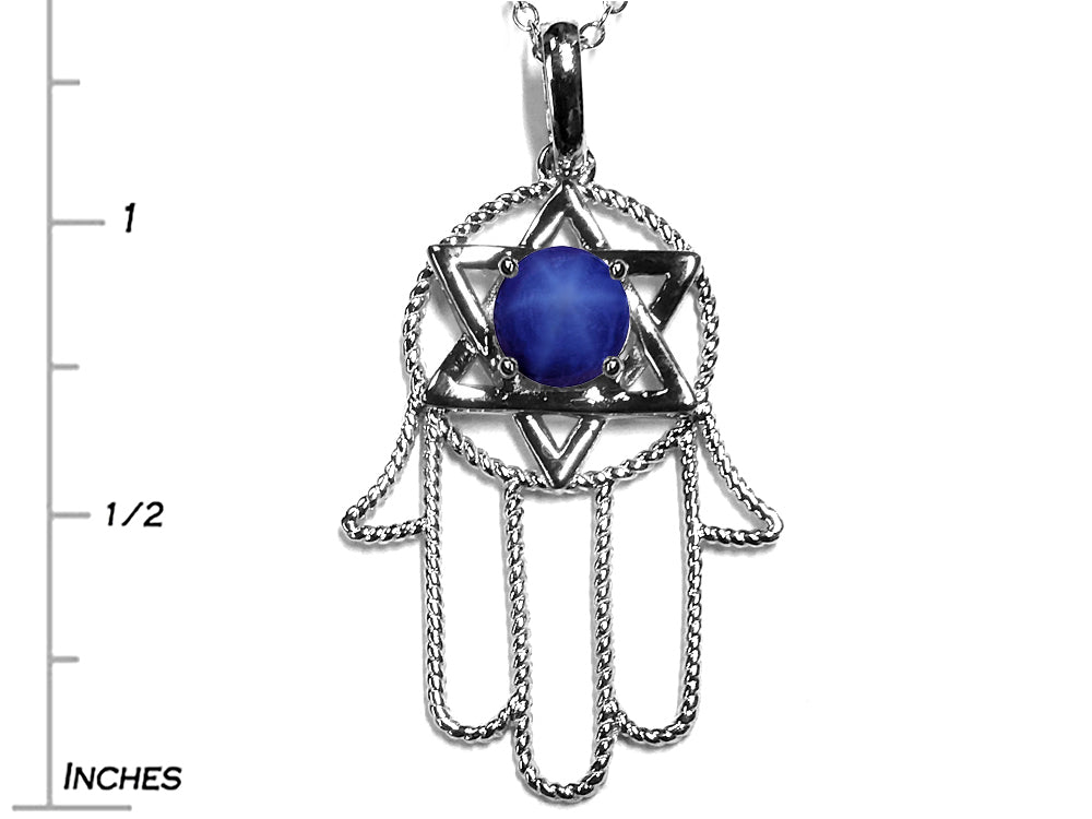 Star K Large Hamsa Hand Jewish Star of David Pendant Necklace with Simulated Star Sapphire