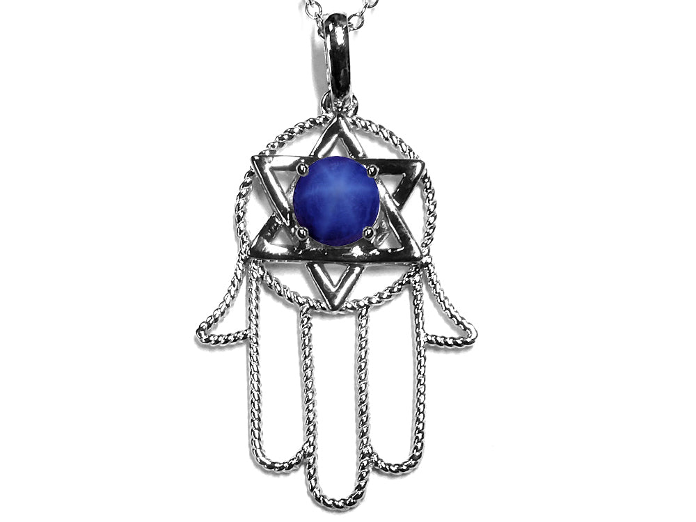Star K Large Hamsa Hand Jewish Star of David Pendant Necklace with Simulated Star Sapphire