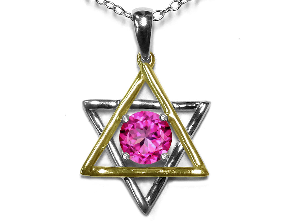Star K Jewish Star of David Pendant Necklace with Round Created Pink Sapphire