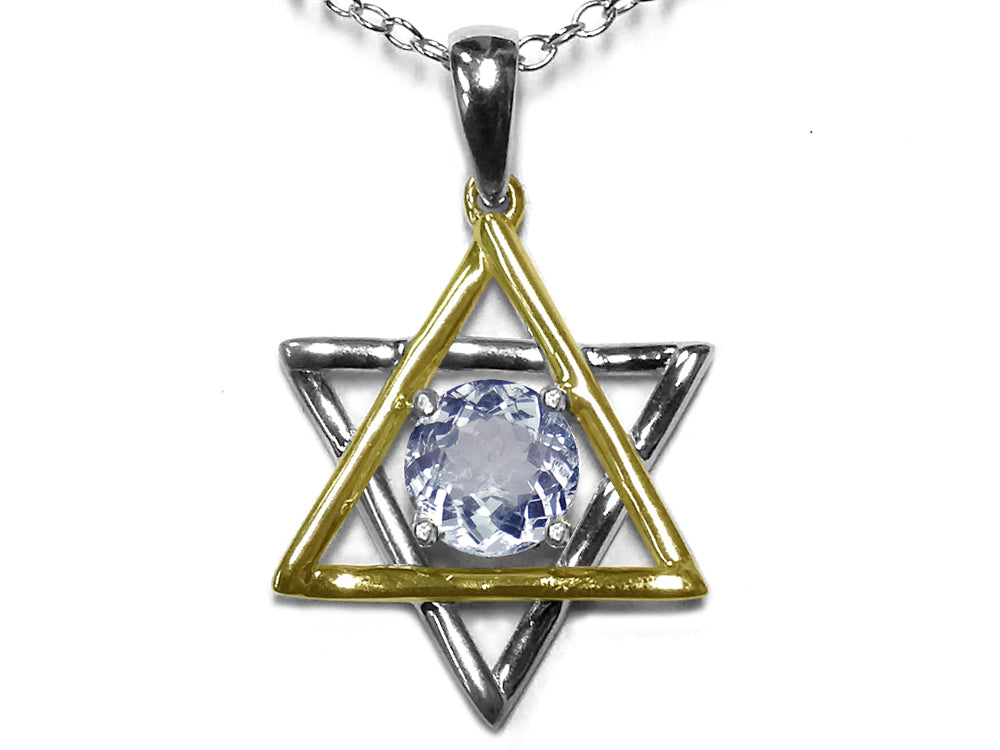 Star K Jewish Star of David Pendant Necklace with Round Genuine Aquamarine