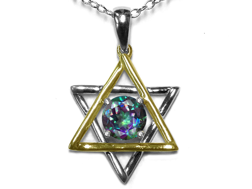 Star K Jewish Star of David Pendant Necklace with Round Rainbow Mystic Topaz