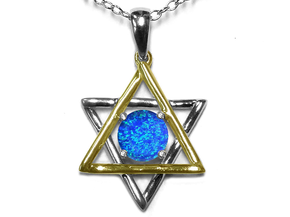 Star K Jewish Star of David Pendant Necklace with Round Blue Simulated Opal