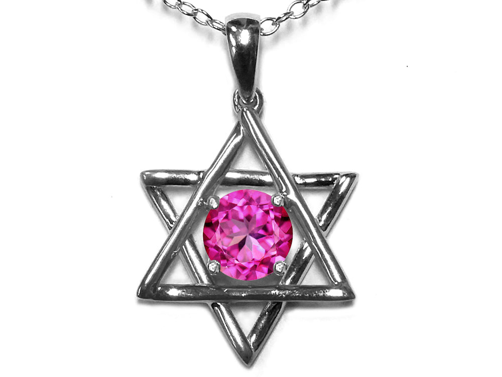 Star K Jewish Star of David Pendant Necklace with Round Created Pink Sapphire