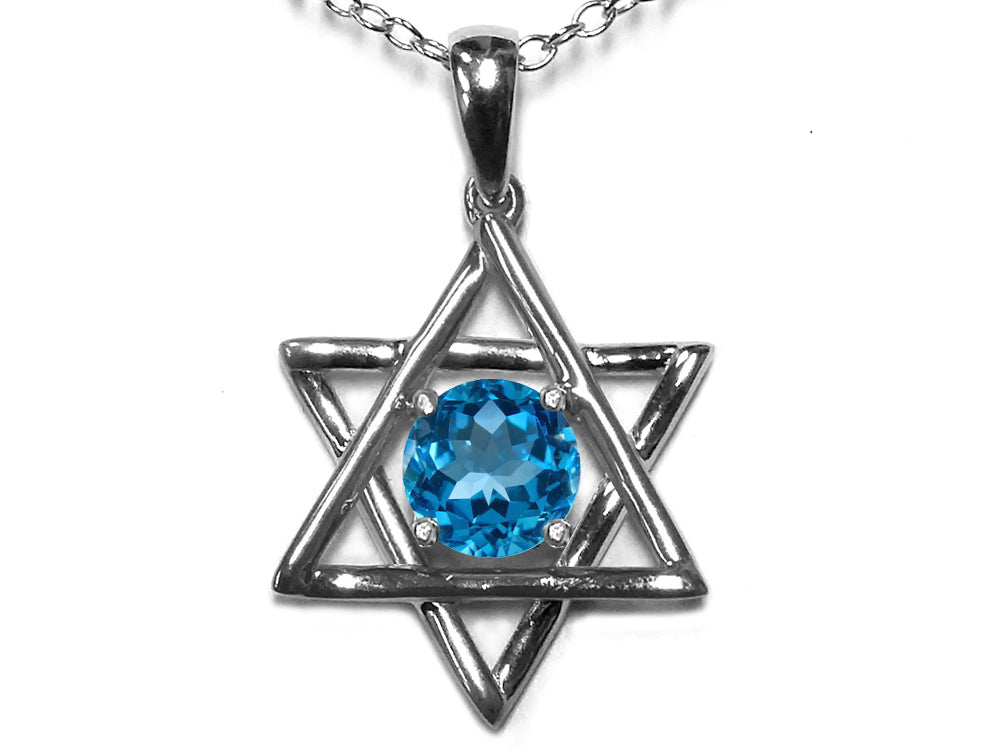 Star K Jewish Star of David Pendant Necklace with Round Genuine Blue Topaz