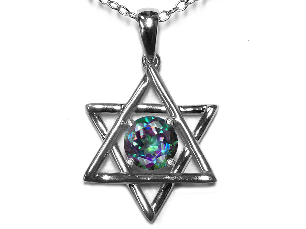 Star K Jewish Star of David Pendant Necklace with Round Rainbow Mystic Topaz