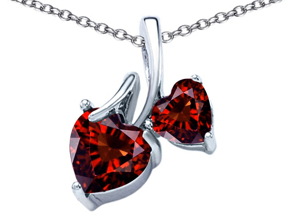 Star K 8mm and 6mm Heart Shape Simulated Garnet Double Hearts Pendant Necklace