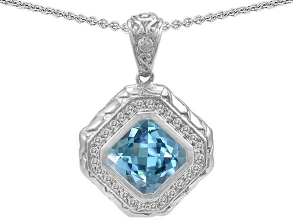 Star K 7mm Cushion-Cut Simulated Aquamarine Bali Style Pendant Necklace