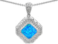 Star K 7mm Cushion-Cut Blue Simulated Opal Bali Style Pendant Necklace