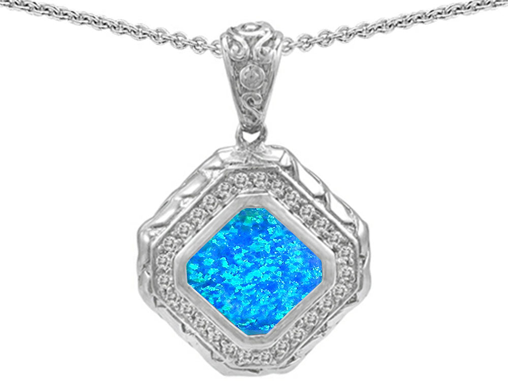 Star K 7mm Cushion-Cut Blue Simulated Opal Bali Style Pendant Necklace