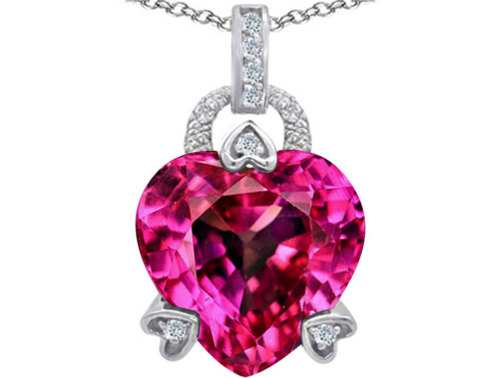 Star K Large Lock Love Heart Pendant Necklace with 13mm Heart Shape Created Pink Sapphire