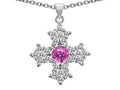 Star K Cross Protection Round Created Pink Sapphire Pendant Necklace