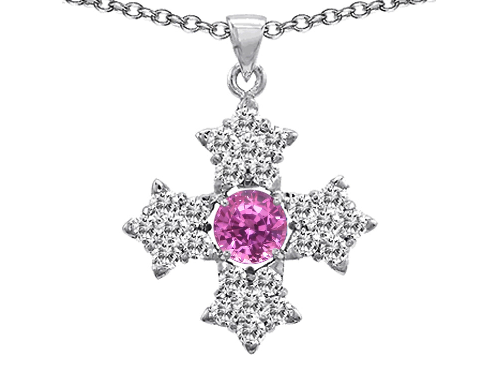 Star K Cross Protection Round Created Pink Sapphire Pendant Necklace