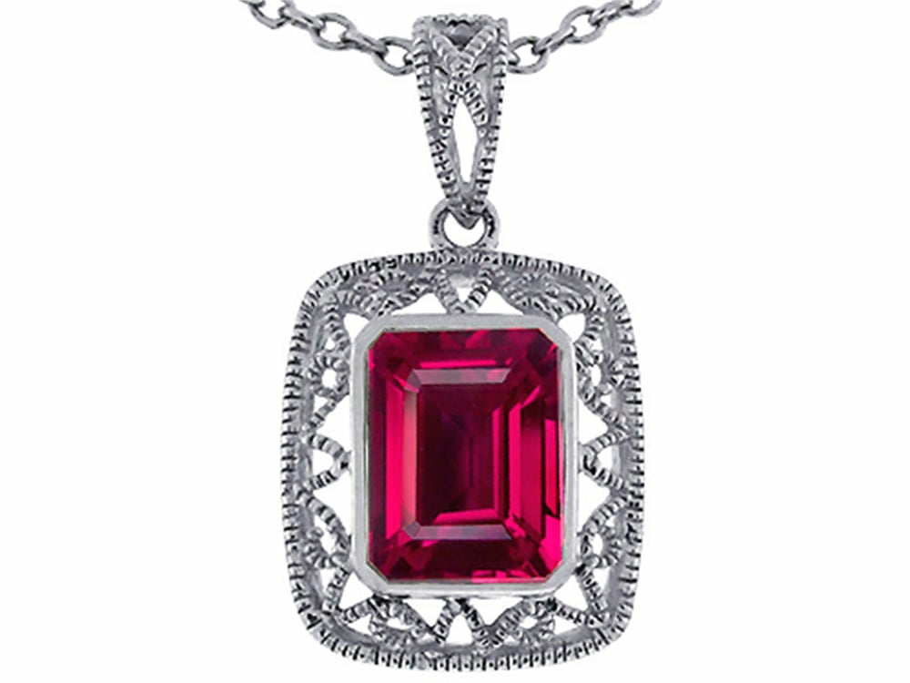 Star K Emerald Cut Created Ruby Pendant Necklace