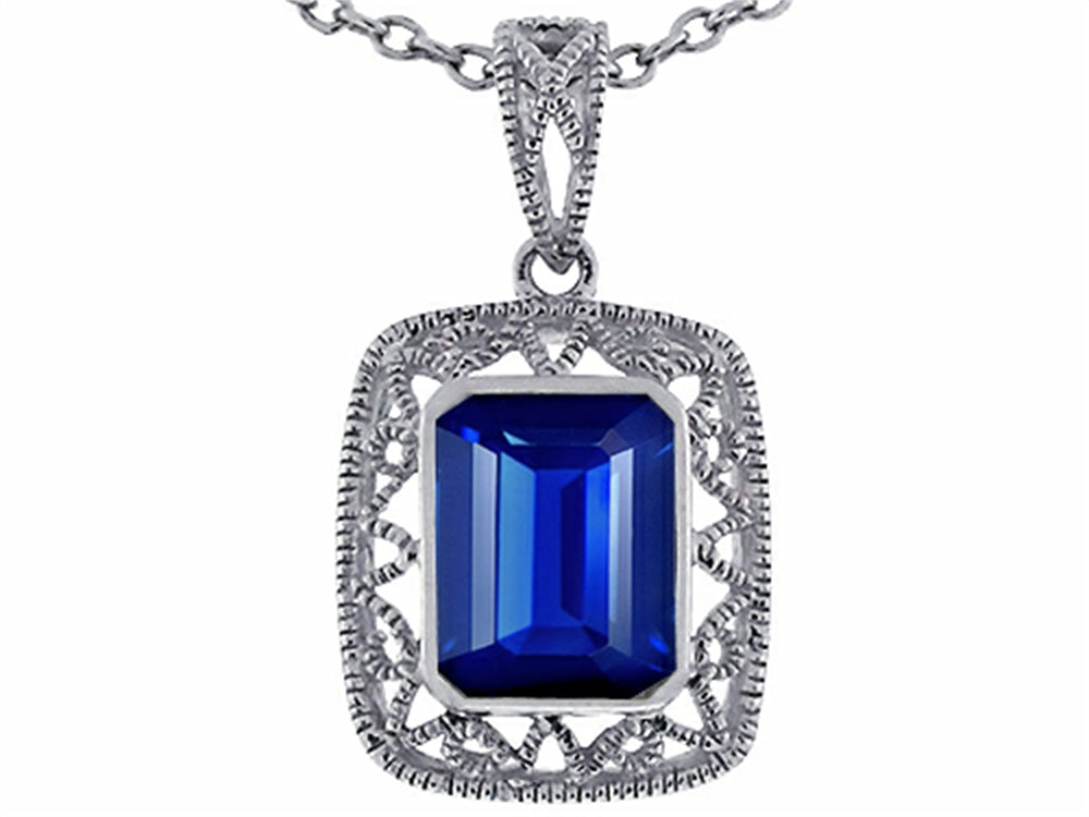 Star K Emerald Cut Created Sapphire Pendant Necklace