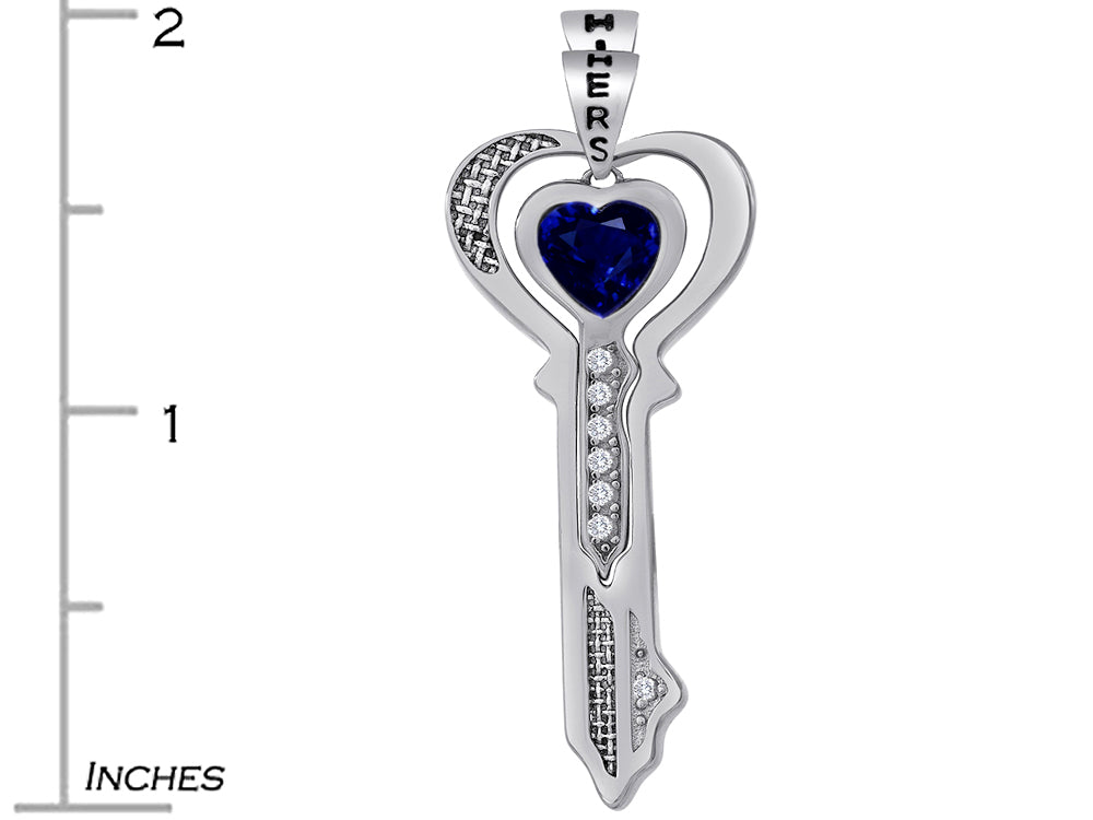 Star K His and Hers Key to my Heart Couple 2pcs Pendant Necklace Set with Simulated Sapphire