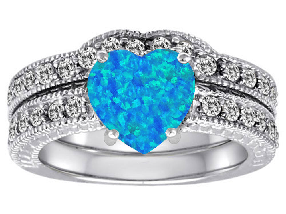 Star K 8mm Heart Shape Created Blue Opal Wedding Set