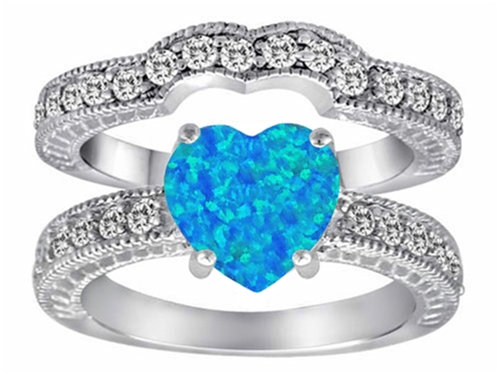 Star K 8mm Heart Shape Created Blue Opal Wedding Set