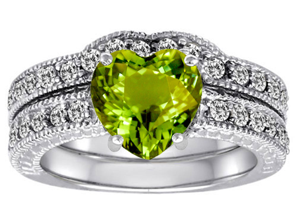 Star K 8mm Heart Shape Simulated Peridot and Cubic Zirconia Wedding Set