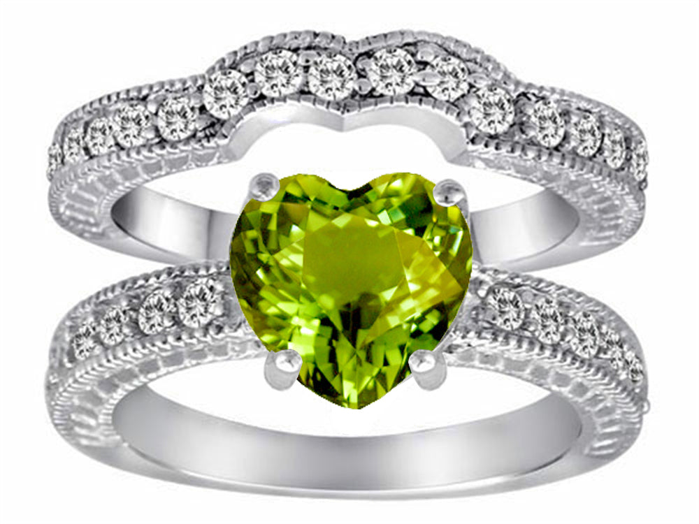 Star K 8mm Heart Shape Simulated Peridot and Cubic Zirconia Wedding Set
