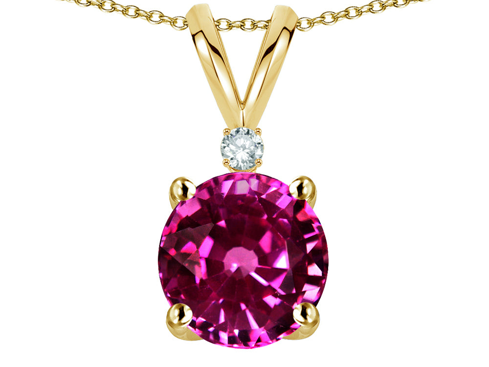 Star K Classic Round 7mm One Stone Simulated Pink Tourmaline Pendant Necklace