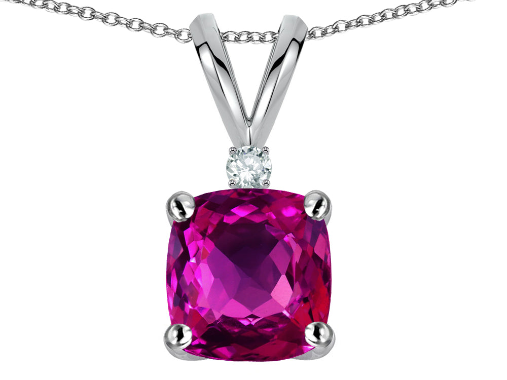 Star K 7mm Cushion-Cut Simulated Pink Tourmaline Pendant Necklace