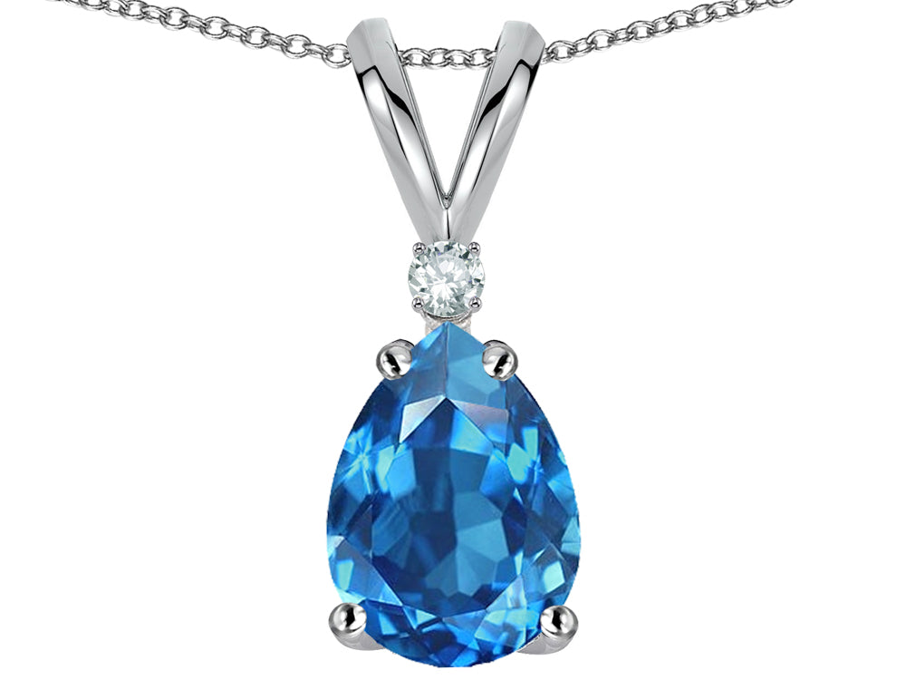 Star K Pear Shape 8x6 mm Genuine Blue Topaz Rabbit Ear Pendant Necklace