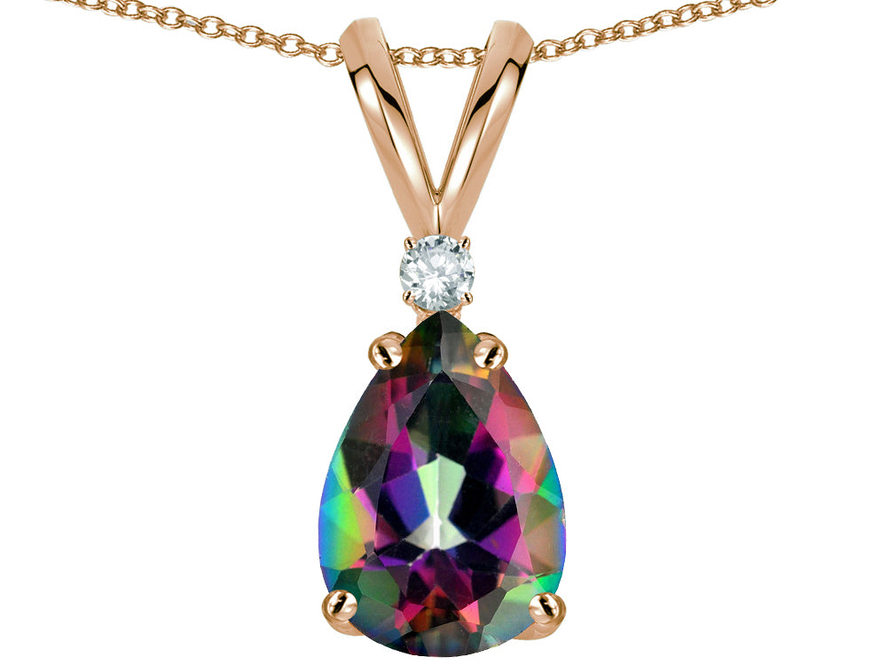 Star K Pear Shape 8x6 mm Rainbow Mystic Topaz Rabbit Ear Pendant Necklace