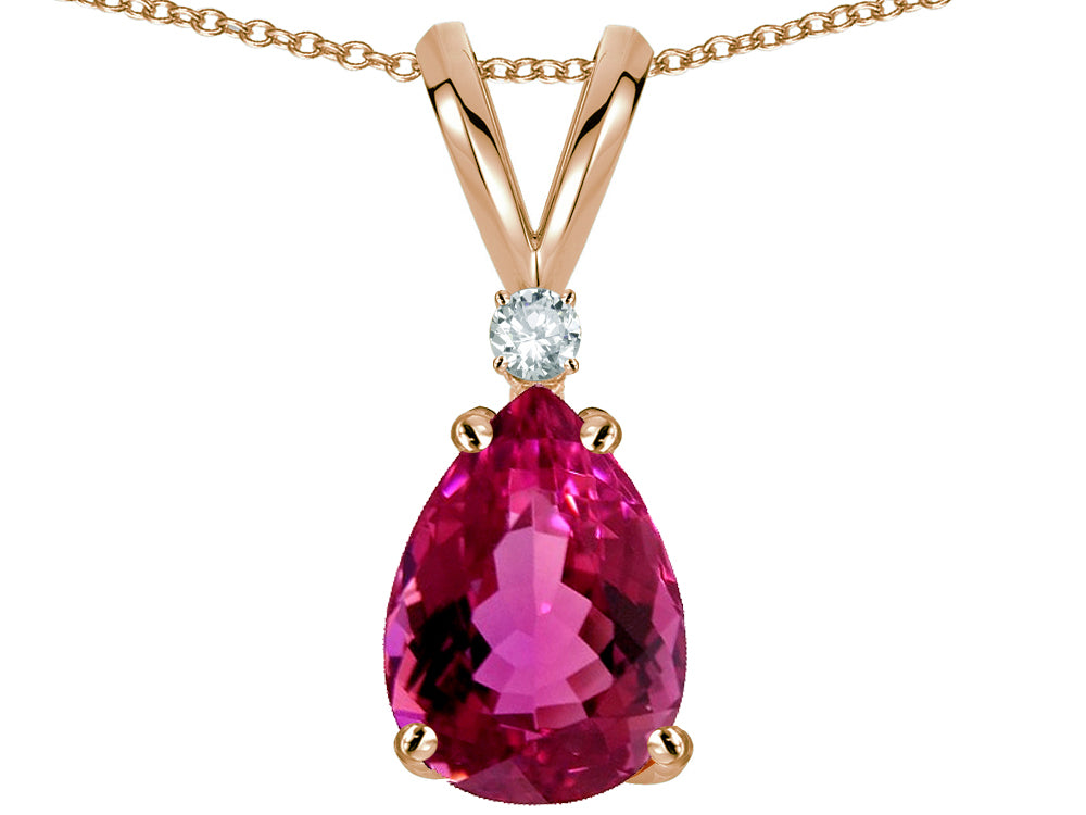 Star K Pear Shape 8x6 mm Simulated Pink Tourmaline Rabbit Ear Pendant Necklace
