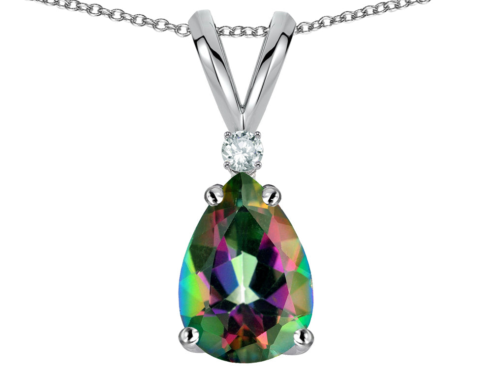 Star K Pear Shape 8x6 mm Rainbow Mystic Topaz Rabbit Ear Pendant Necklace