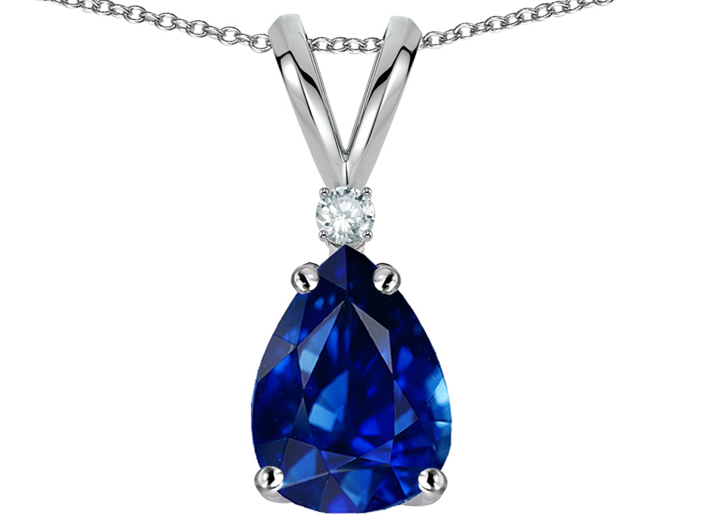 Star K Classic Pear Shape 8x6mm Created Sapphire Rabbit Ear Pendant Necklace