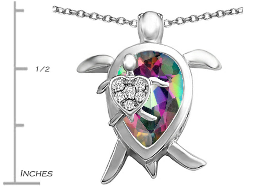 Star K Large Mother and Baby Turtle family Pendant Necklace with 12x8mm Pear Shape Mystic Quartz