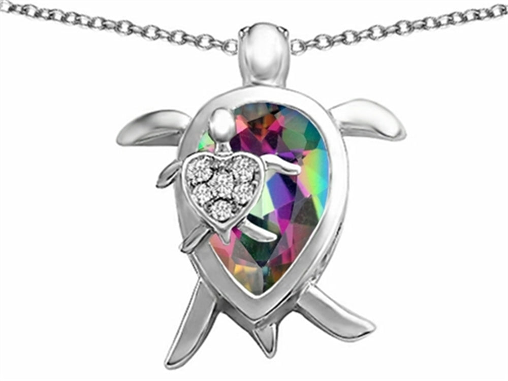 Star K Large Mother and Baby Turtle family Pendant Necklace with 12x8mm Pear Shape Mystic Quartz