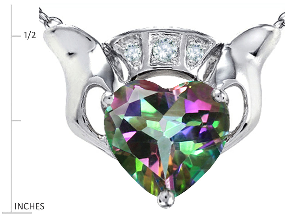 Star K 8mm Heart Claddagh Pendant Necklace With Rainbow Mystic Quartz