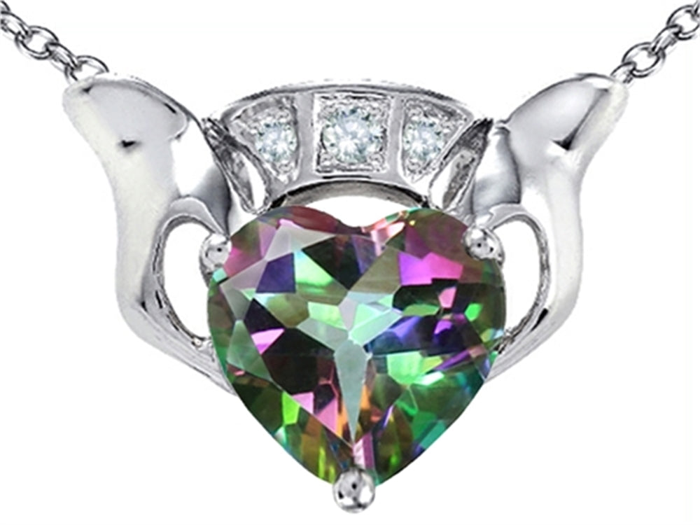 Star K 8mm Heart Claddagh Pendant Necklace With Rainbow Mystic Quartz