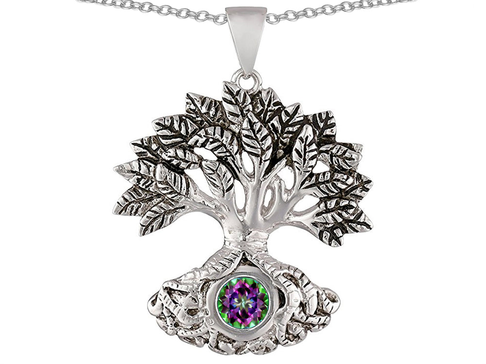 Star K Tree Of Life Good Luck Pendant Necklace With 7mm Round Rainbow Mystic Quartz