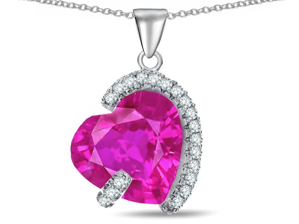 Star K Heart Shape 15mm Created Pink Sapphire Embraced By Love Heart Pendant Necklace