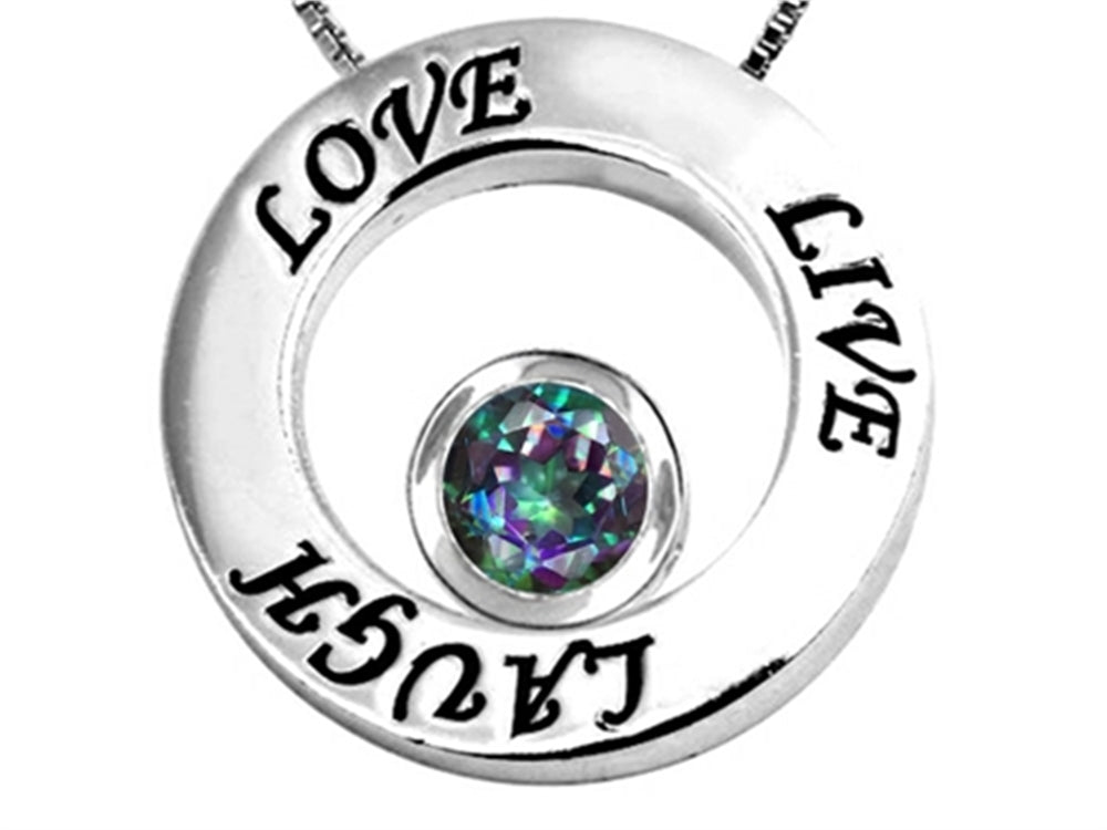 Star K Live/Love/Laugh Circle of Life Pendant Necklace with Round 7mm Mystic Rainbow Quartz