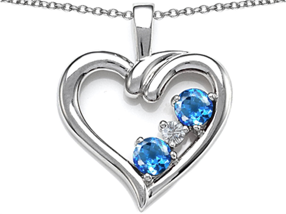 Star K Open Heart 3 Stone Pendant Necklace with Simulated Blue Topaz