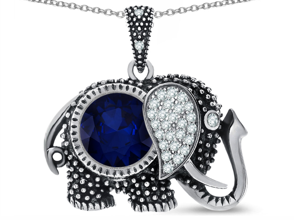 Star K Round 10mm Simulated Sapphire Good Luck Elephant Pendant Necklace