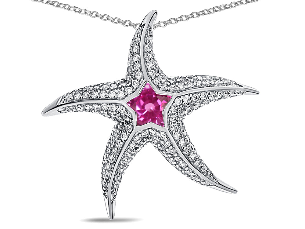 Star K Sterling Silver Created Pink SapphireStar Fish Pendant Necklace