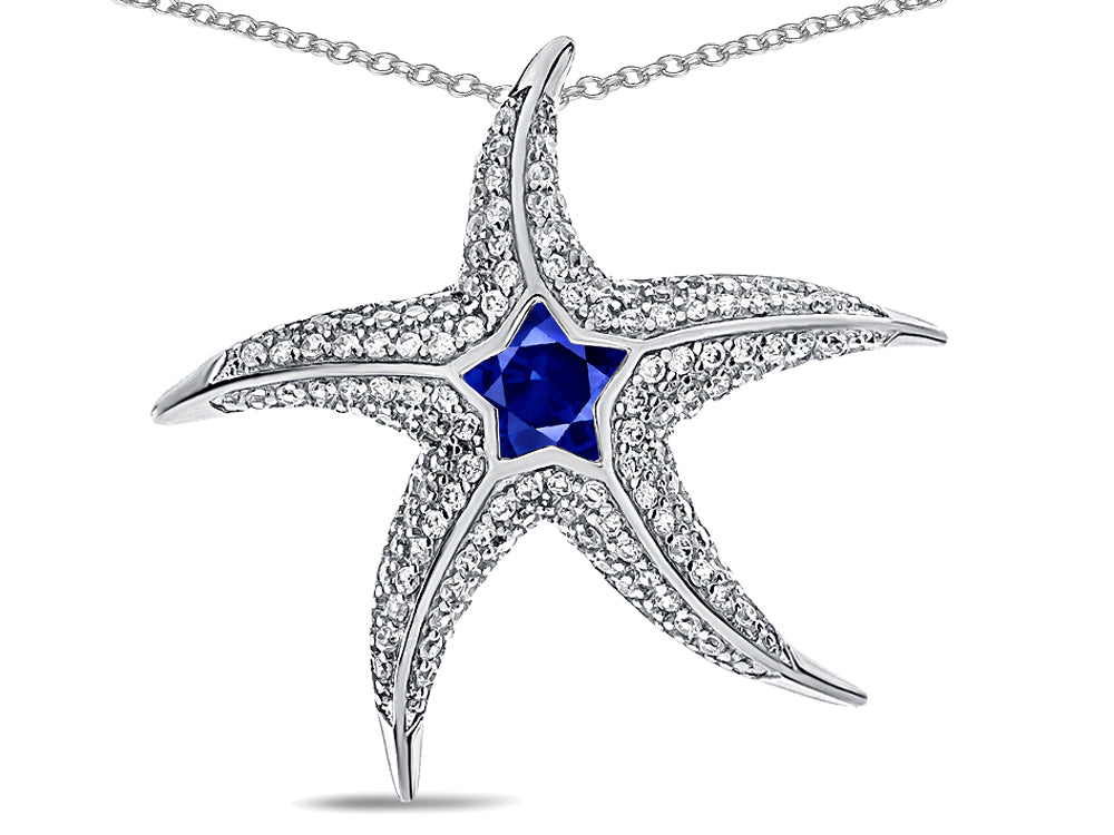 Star K Sterling Silver Created Sapphire Star Fish Pendant Necklace