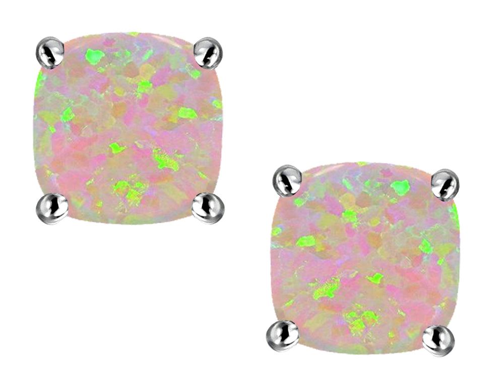 Star K Cushion-Cut 7mm Simulated Pink Opal Earrings Studs