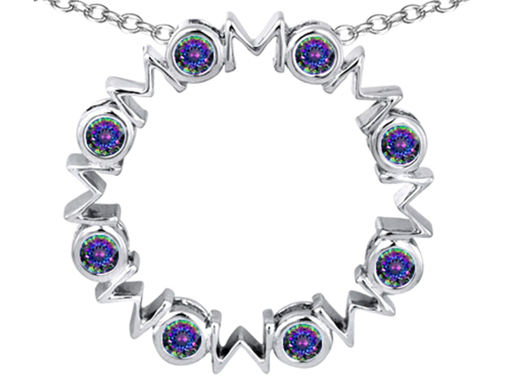 Star K Large MOM Circle Mother's Pendant Necklace with Round Rainbow Mystic Quartz