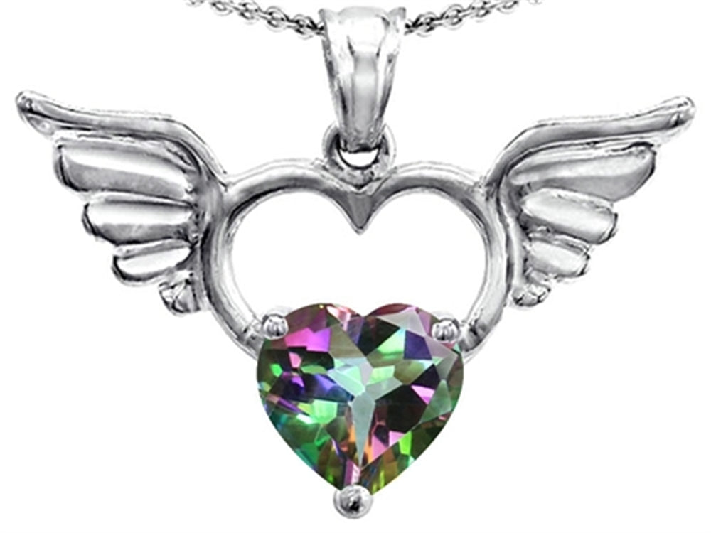 Star K Wings Of Love Birth Month Pendant Necklace with 8mm Heart Shape Rainbow Mystic Quartz