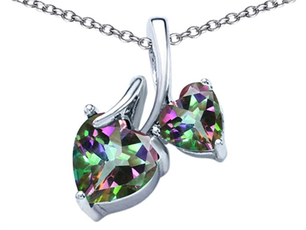 Star K 8mm and 6mm Heart Shape Rainbow Mystic Quartz Double Hearts Pendant Necklace
